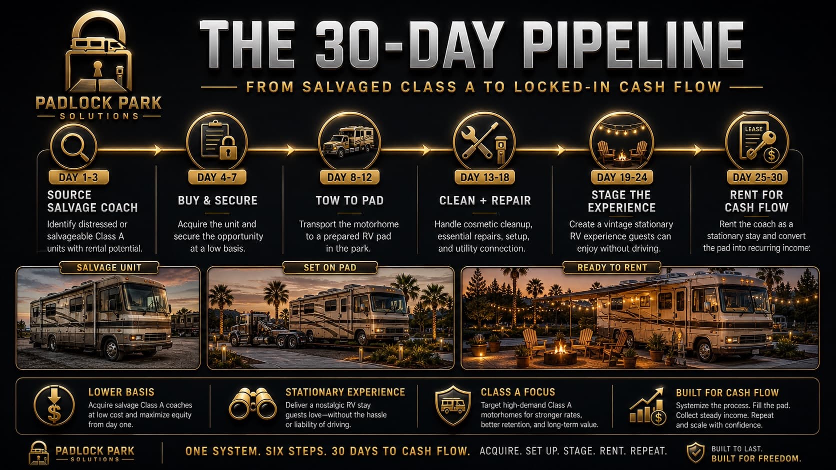The 30-day Padlock Park pipeline from acquisition to cash flow: sourced, acquired, towed, rehabbed, deployed, first tenant.