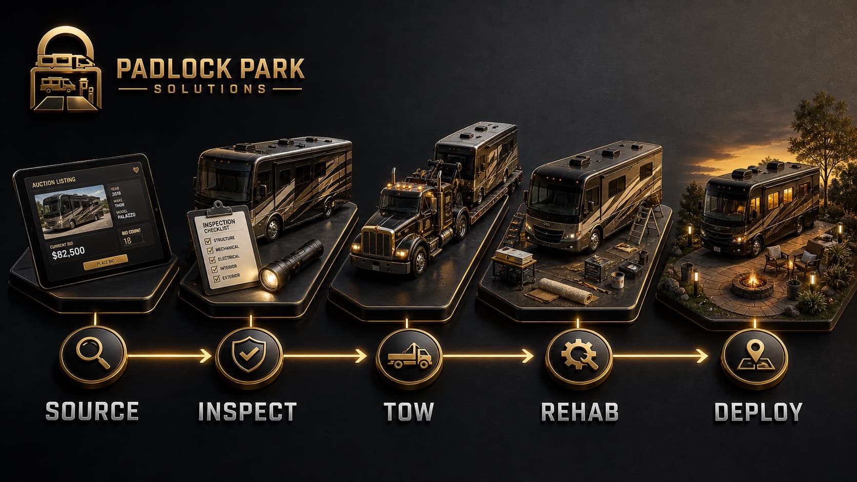 The five-stage Padlock Park process: Source, Inspect, Tow, Rehab, Deploy